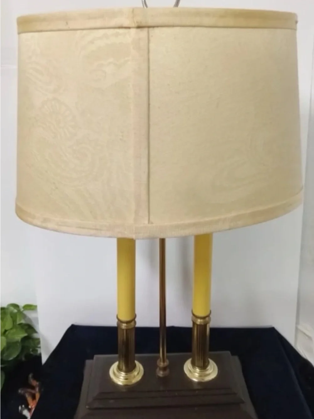 Vintage Table Lamp Double Brass Candlesticks Wooden Base All Electric Cloth Shad